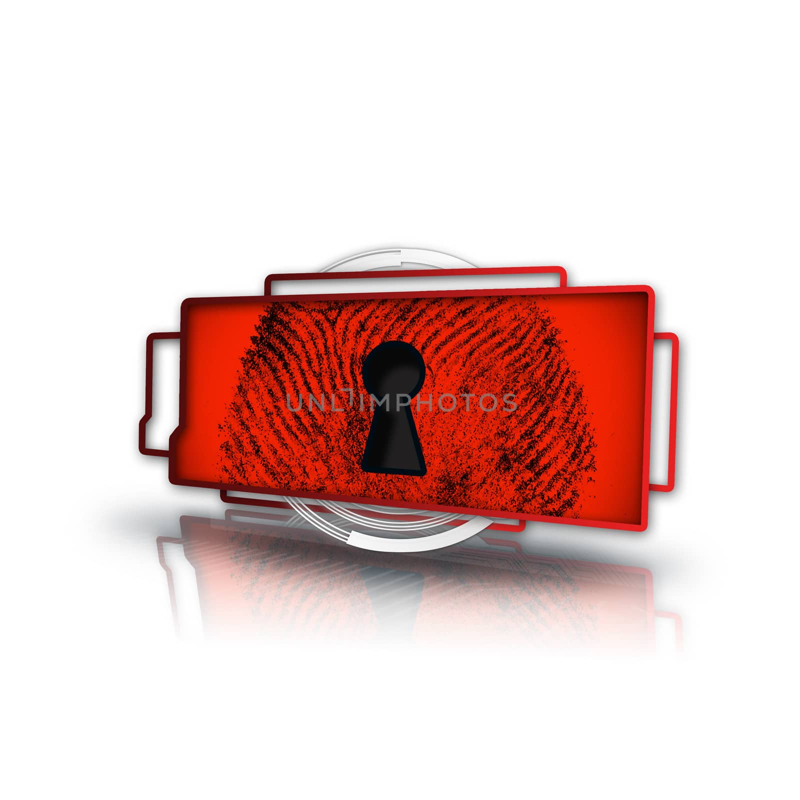 Red screen with fingerprint and keyhole on white background