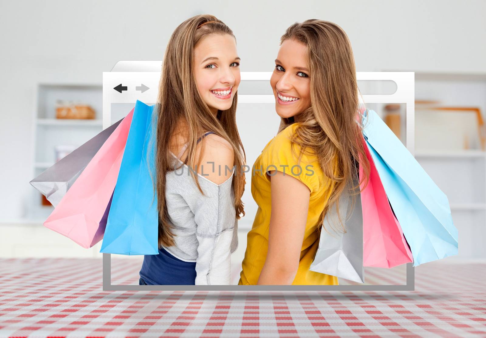 Digital internet window showing girls with shopping bags open on kitchen table