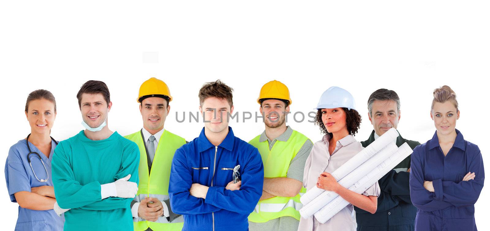 Group of people with different jobs standing in line by Wavebreakmedia