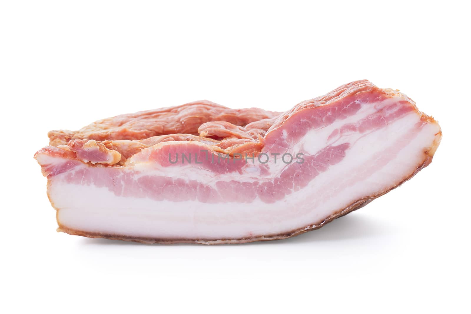 Smoked Bacon Slab Cut over white background, Shallow Focus, Horizontal shot