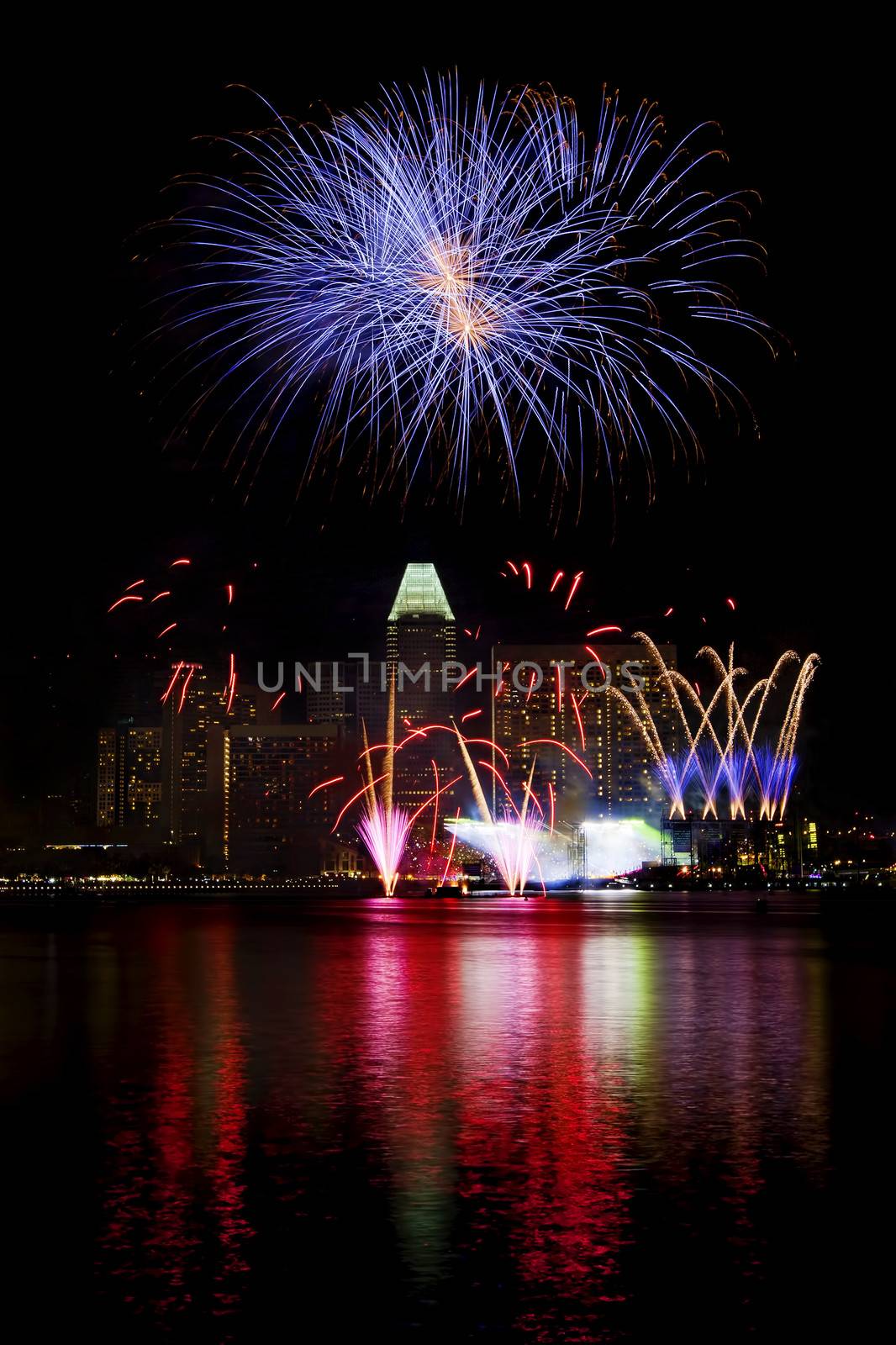 Fireworks over Marina bay in Singapore on National day rehersal