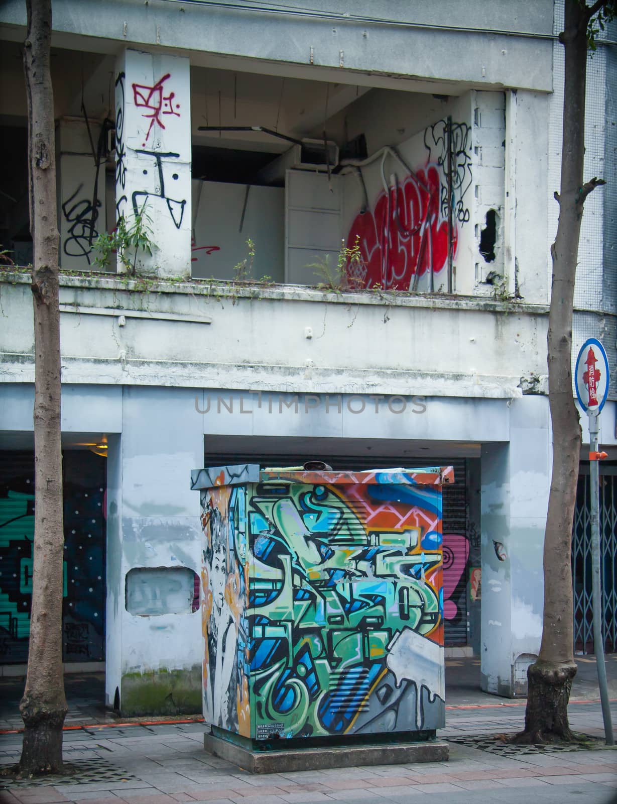 Grafitti on power box next to abandoned house