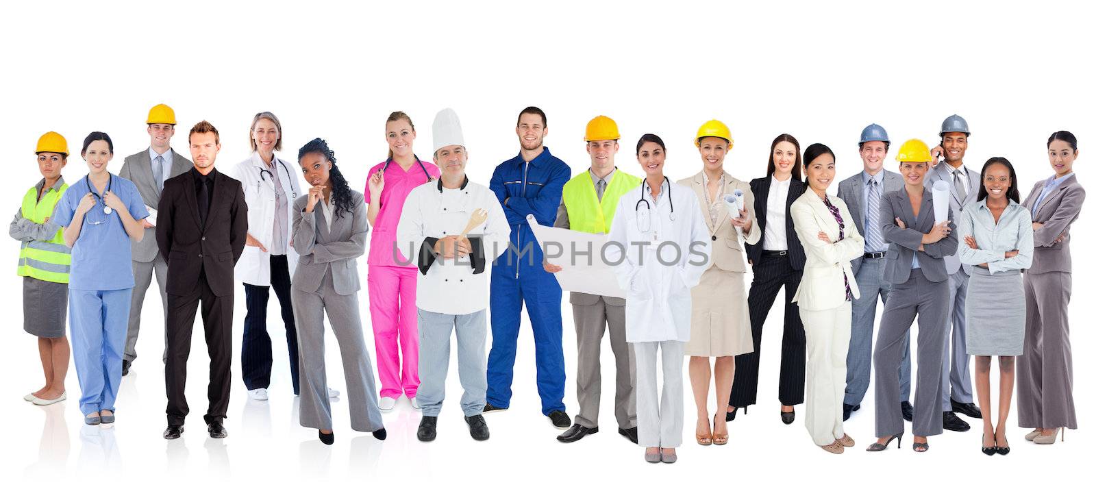 Large diverse group of workers on white background