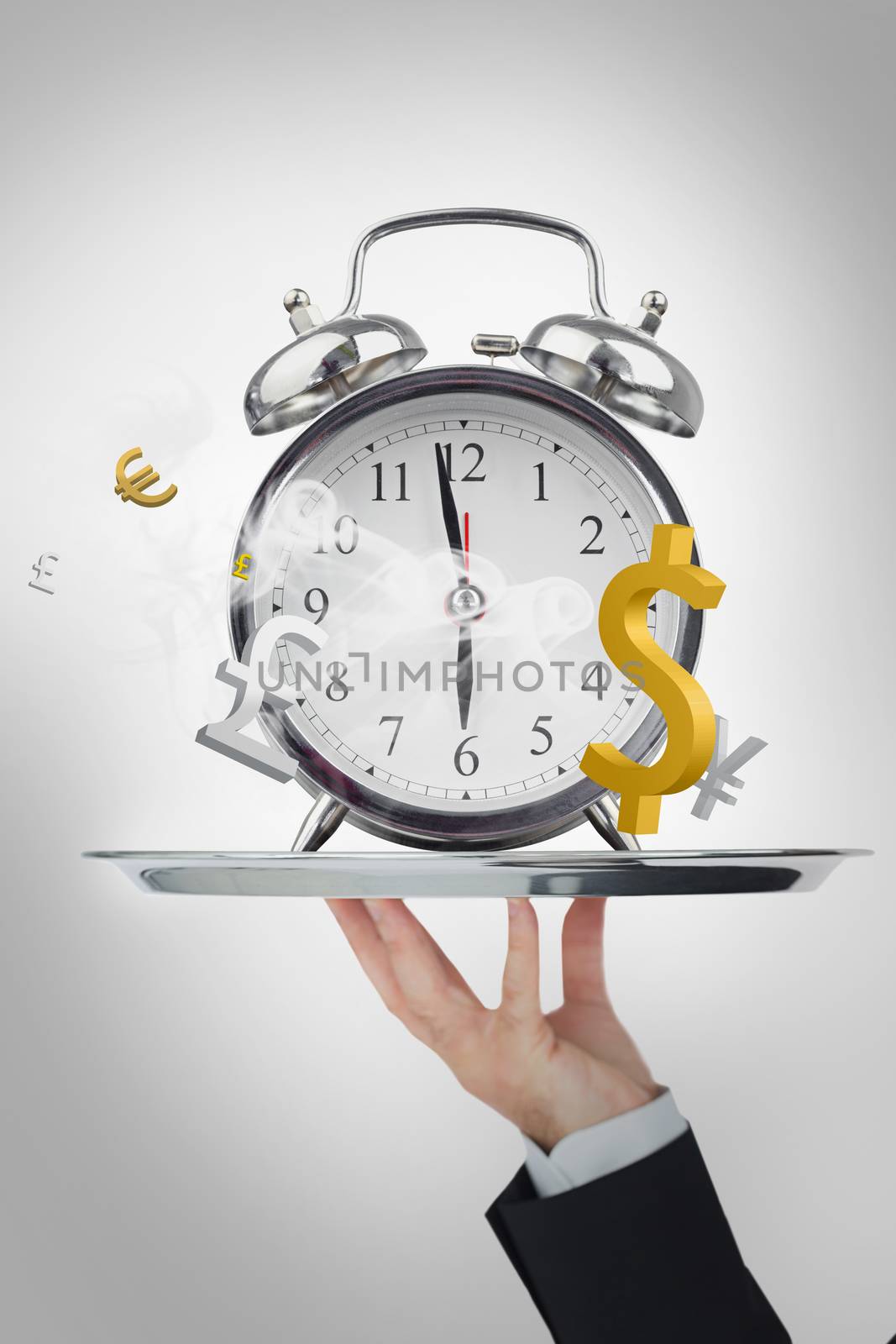 Waiter presenting time is money concept on white background