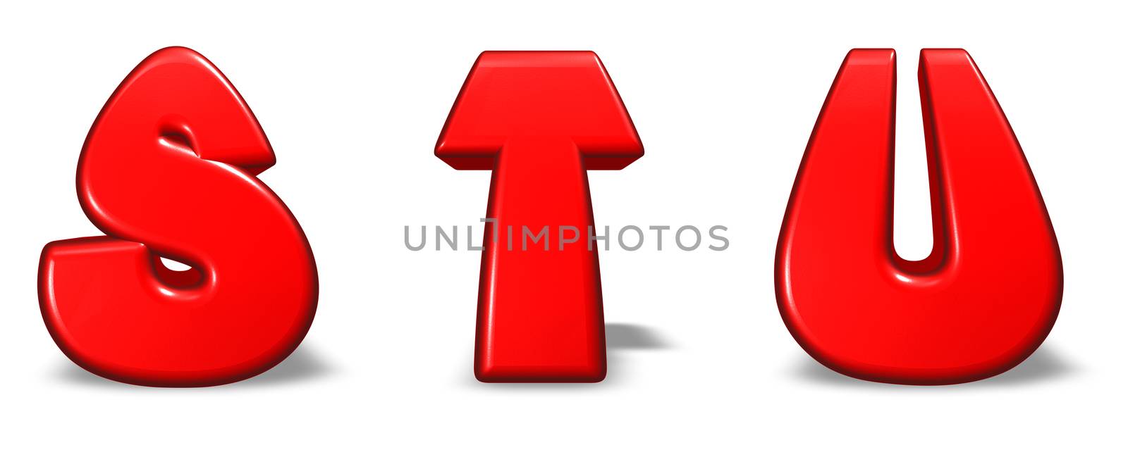 red letters s, t and u on white background - 3d illustration