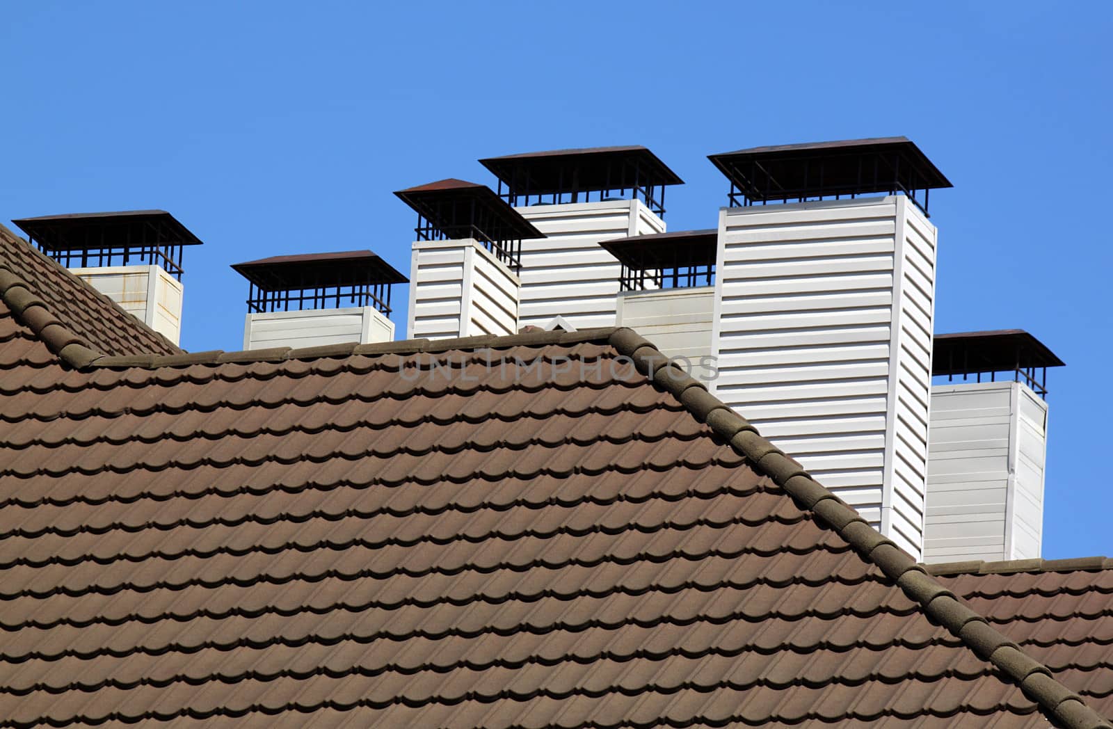 chimneys on tiled roof over blue sky