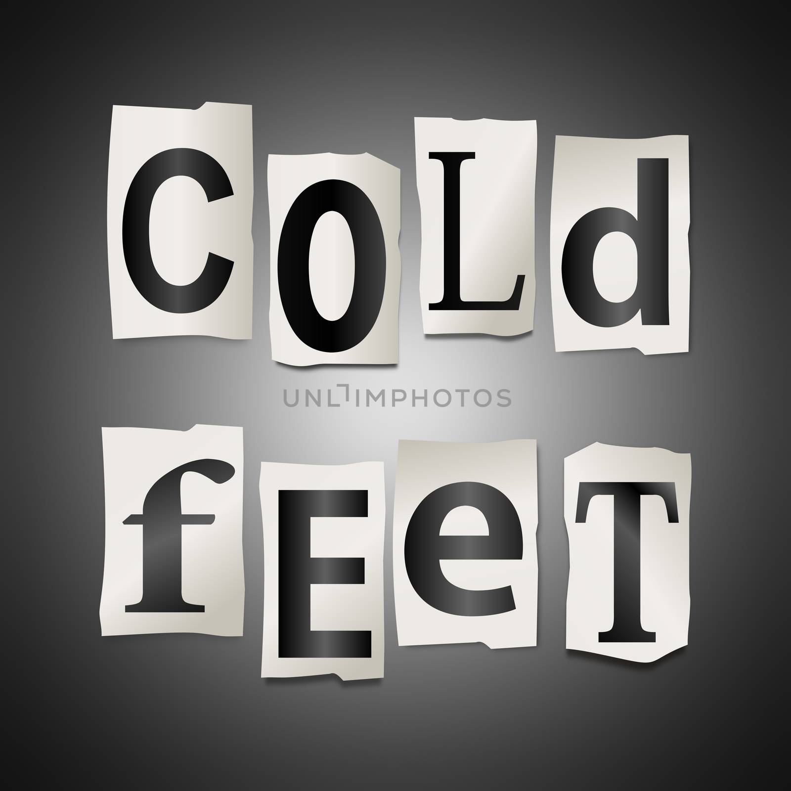 Illustration depicting a set of cut out printed letters formed to arrange the words cold feet.