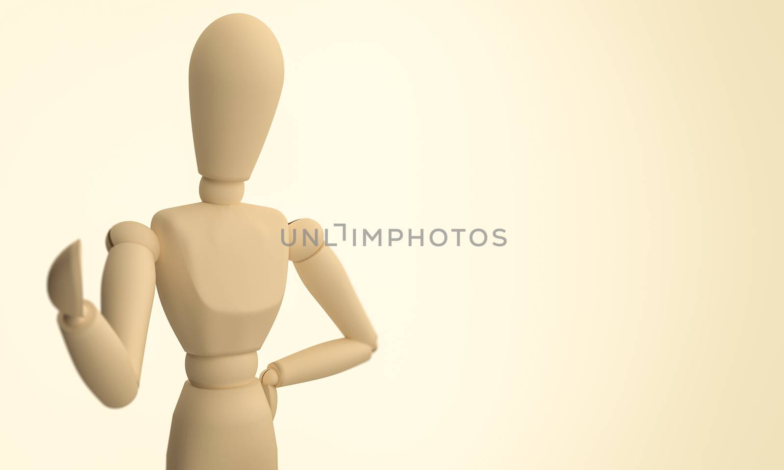 A CGI image of a wooden mannequin posing on a light brown background.