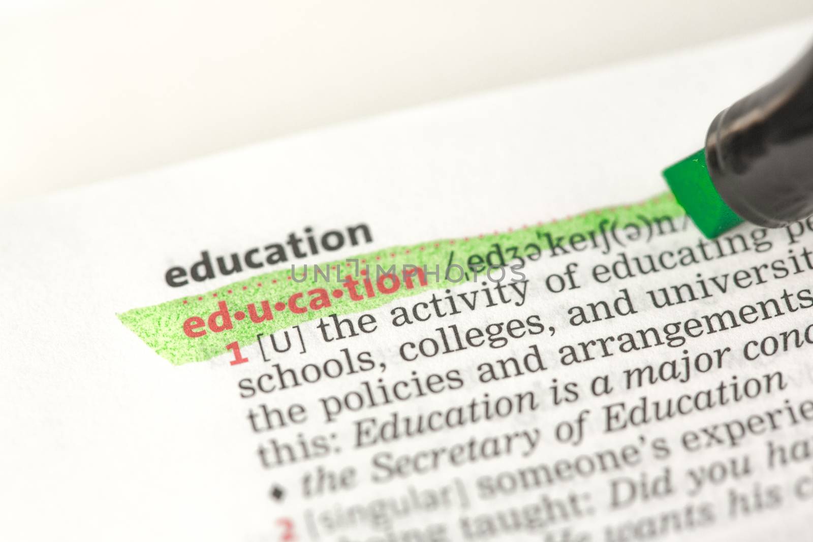 Education definition highlighted in green in the dictionary