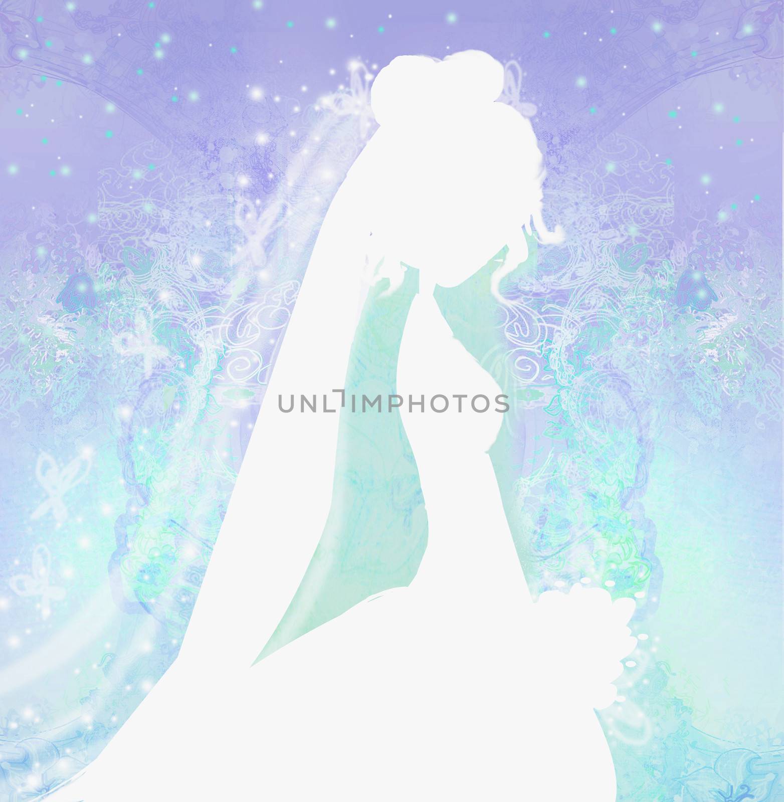 Elegant bride in big white dress - silhouettes illustration