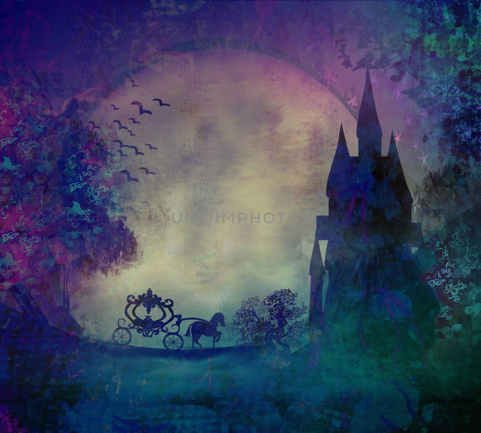 Carriage at sunset. Silhouette of a horse carriage and a medieval castle