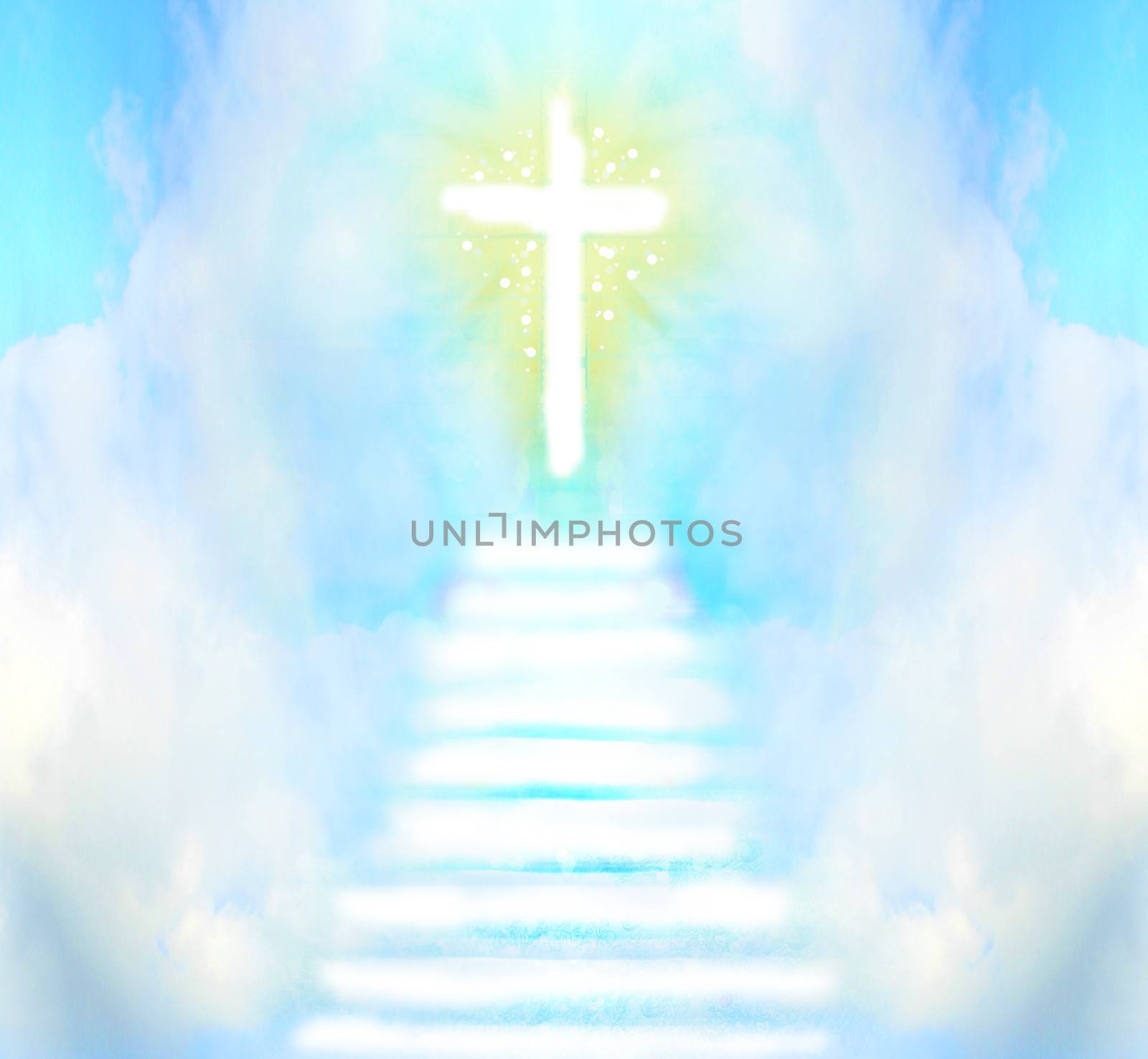 Stairway leads to cross and glowing light