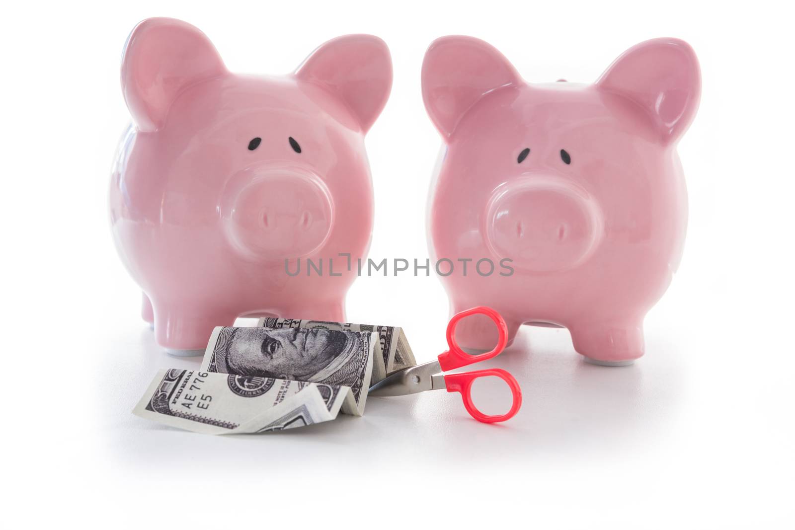 Cutting costs concept with piggy banks and scissors cutting dollar