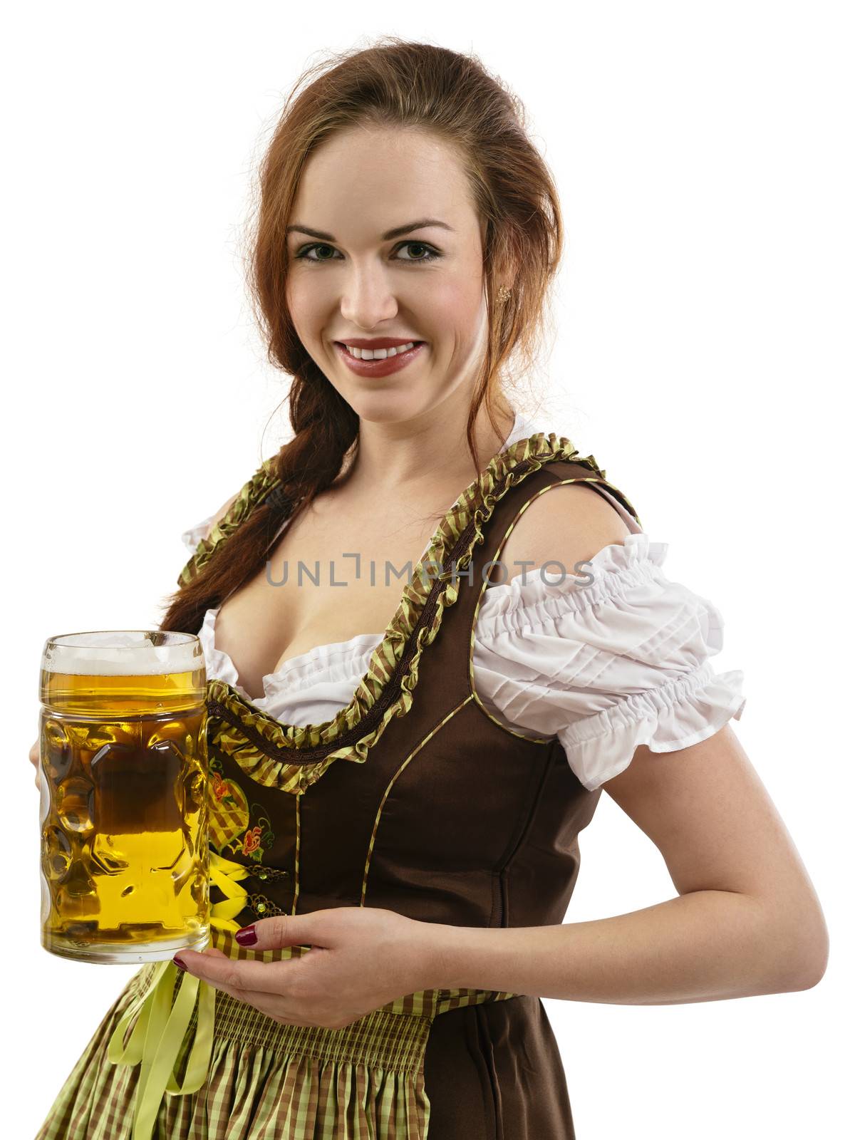 Photo of a beautiful female waitress wearing traditional dirndl and holding a huge beer over white background.