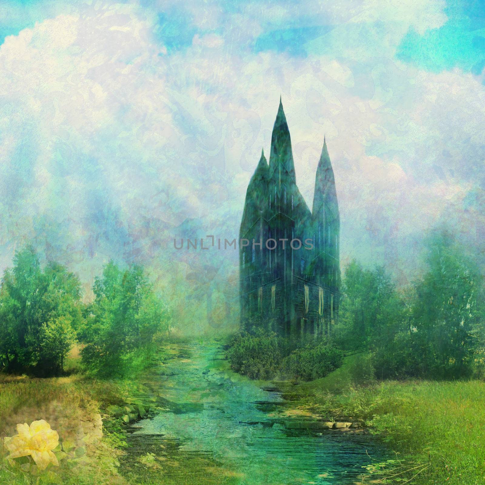 Fantasy meadow with a fairytale tower