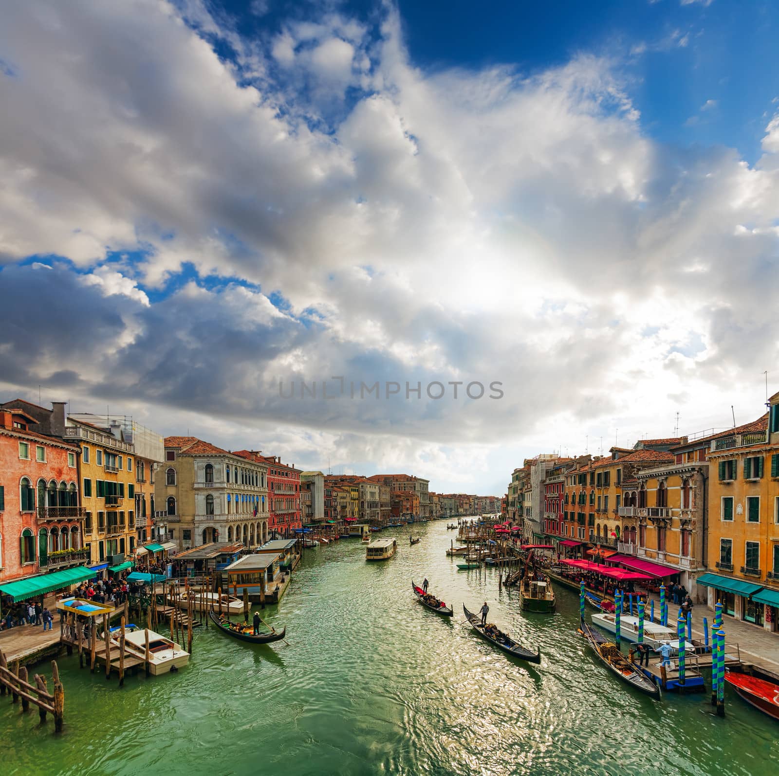  Venice - gondolas and boats on the Grand Canal, View from Bridge Rialto