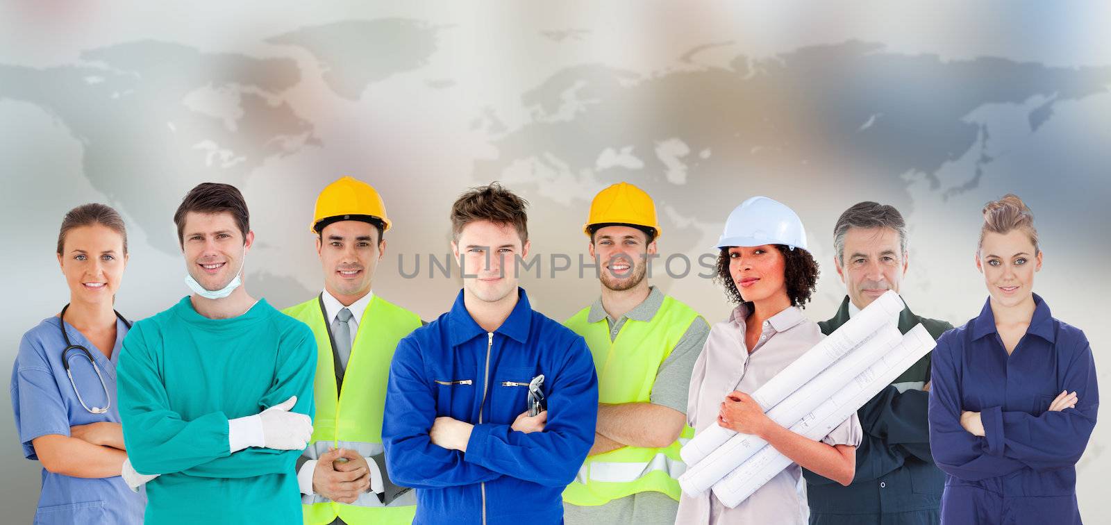 Different types of workers in a row on world map background