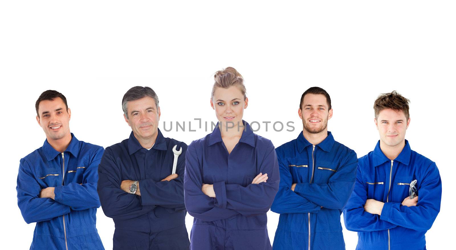 Mechanics in boiler suits portrait on white background