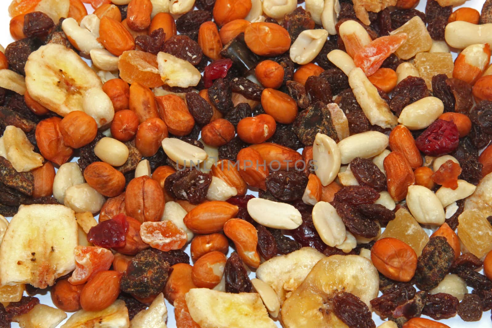 Close up of mixed dried fruit and nuts.