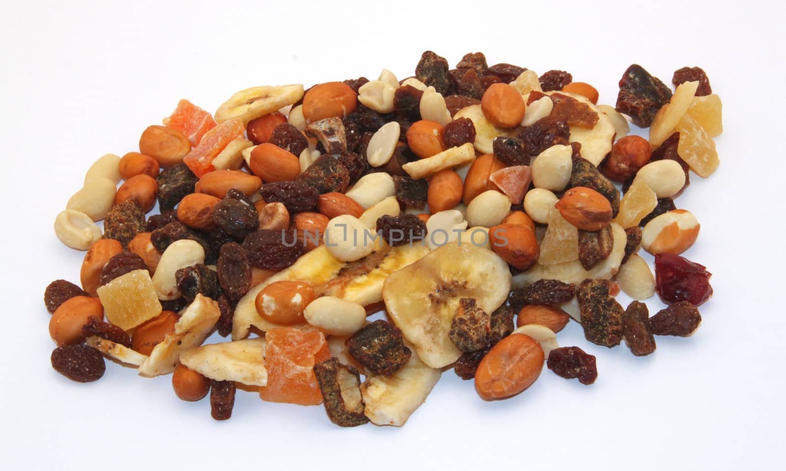 Close up of mixed dried fruit and nuts.