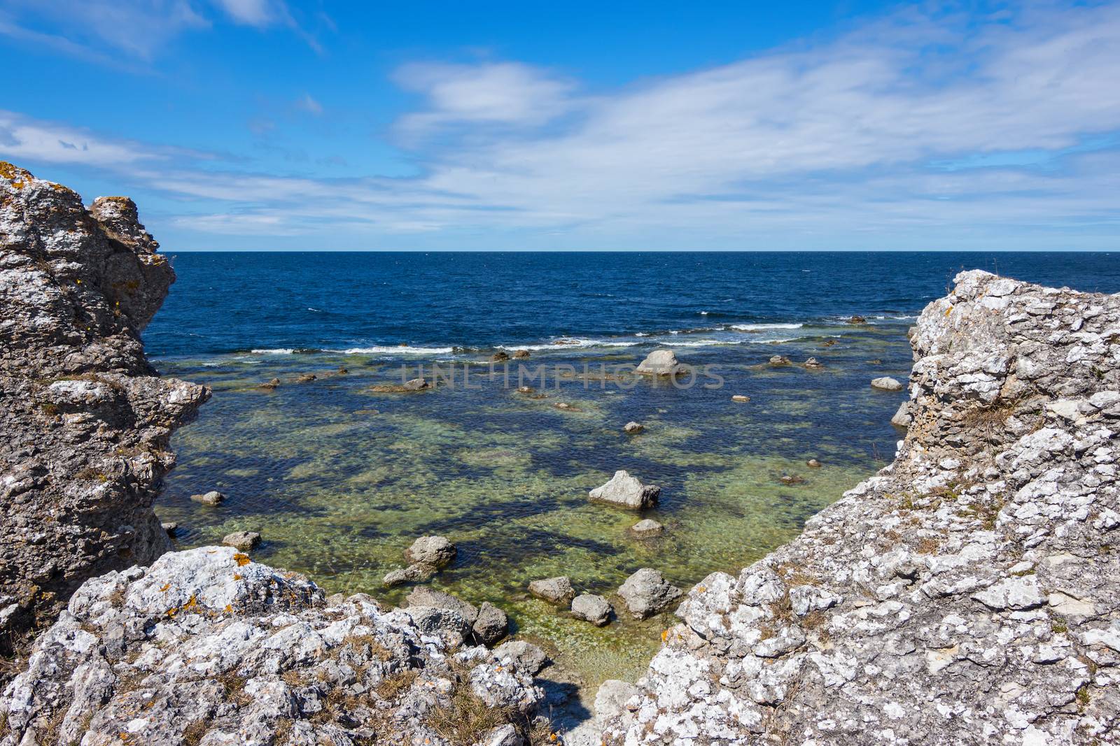 Rocky coastline of Fårö island (Gotland, Sweden). View over the Baltic Sea.