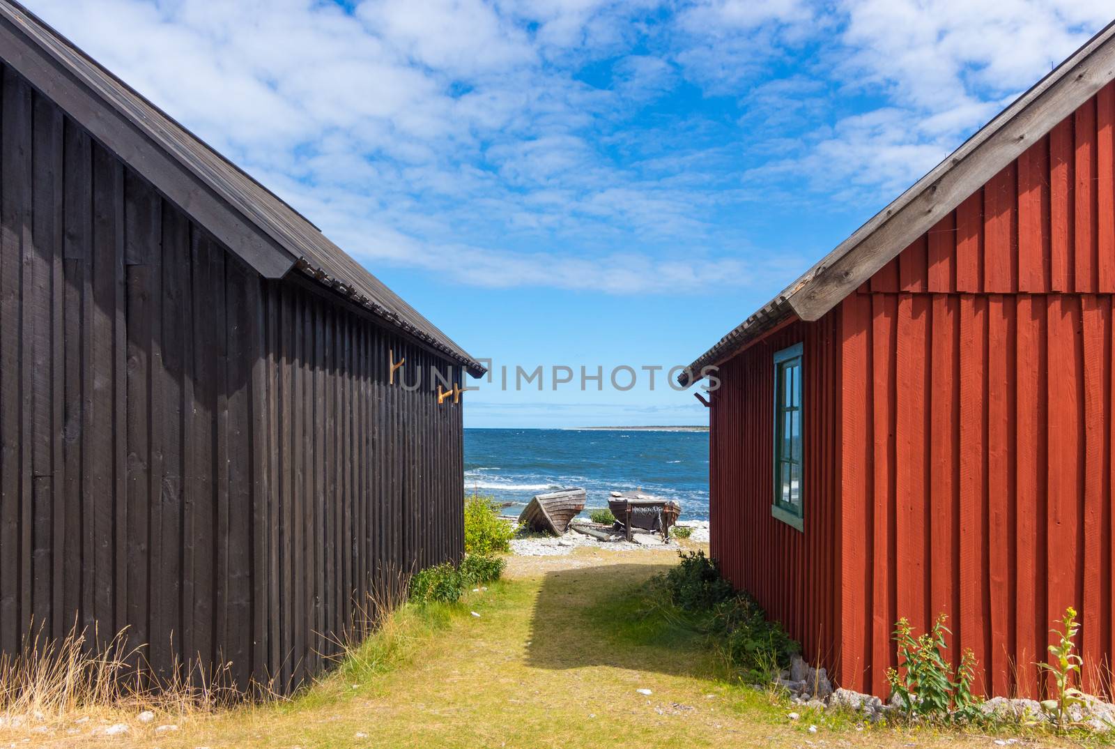 Old fishing village with wooden houses on Fårö island, Sweden.