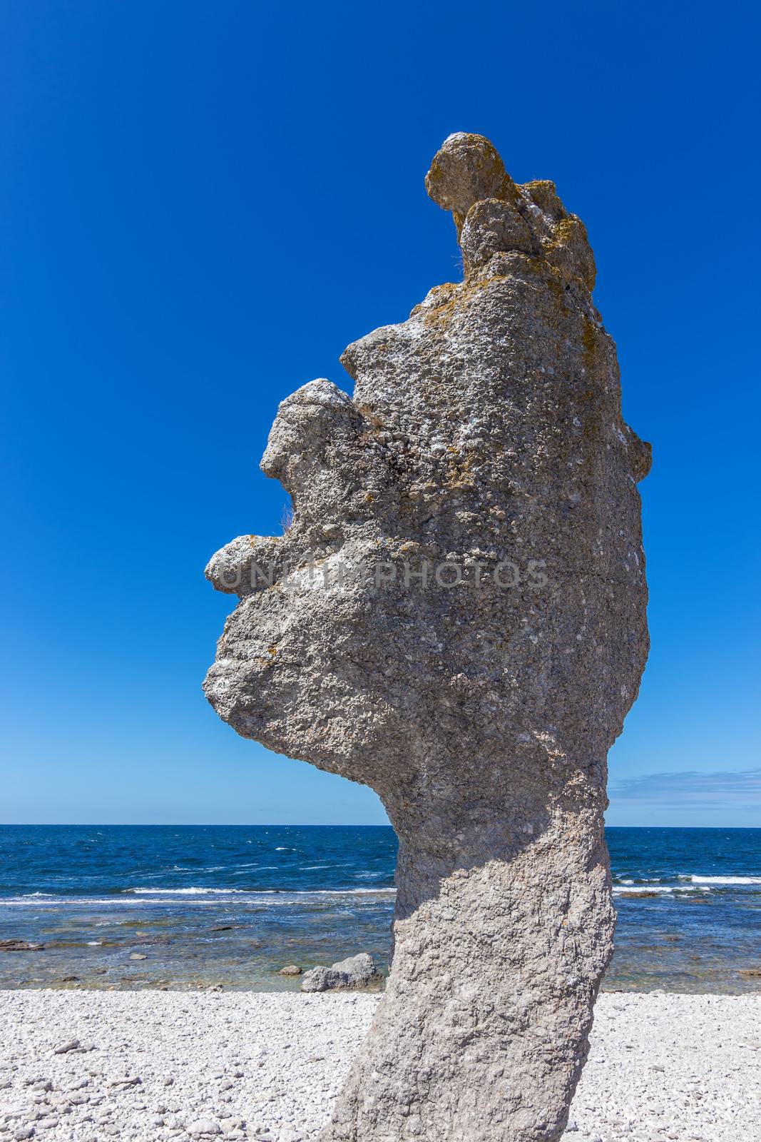 Limestone formation (rauk) on Fårö island in Gotland, Sweden. Baltic Sea coastline.