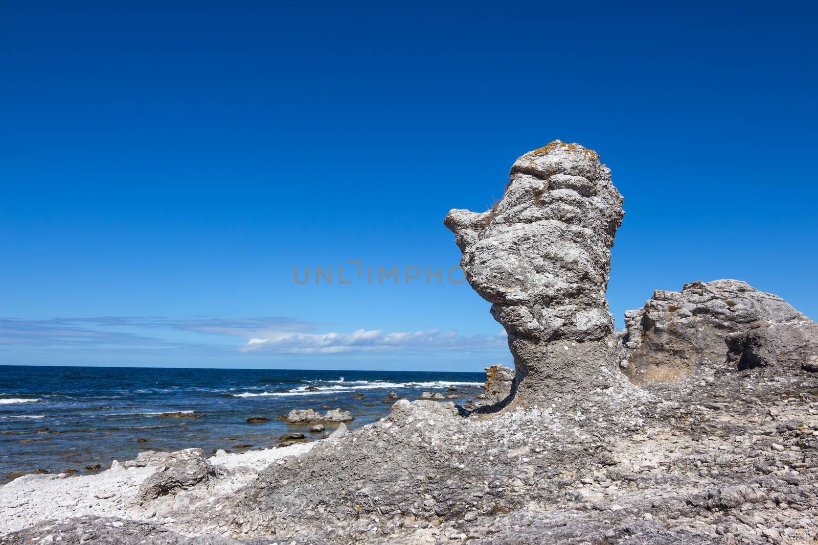 Raukar, limestone cliffs on Fårö island in Gotland, Sweden. Baltic Sea coastline.