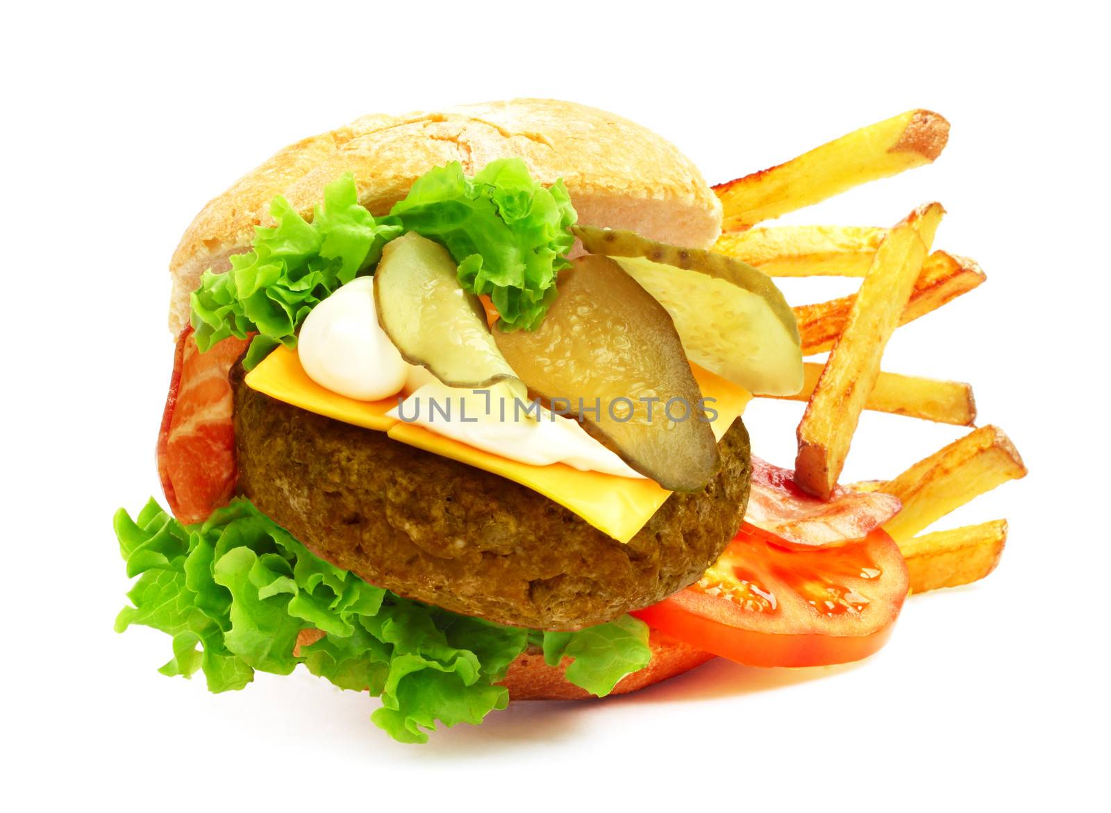 Exploded view of hamburger with french fries isolated on white background