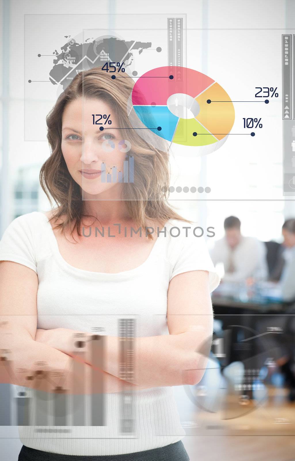 Confident businesswoman using different chart interfaces with statistics