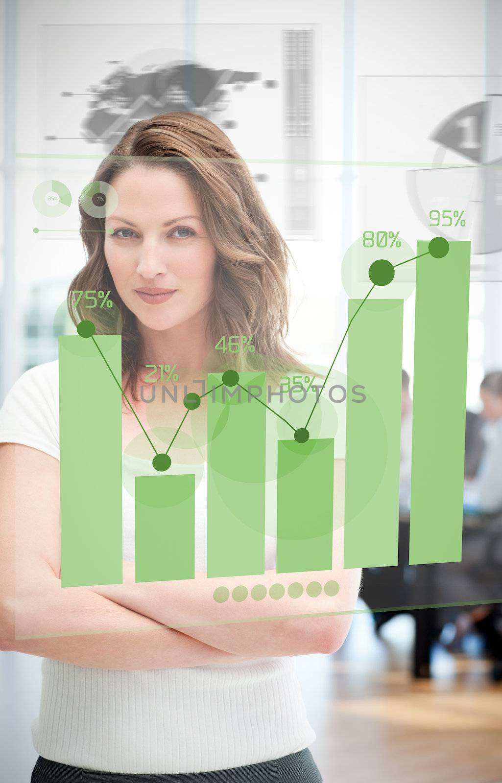 Confident blonde businesswoman using green chart interface with statistics