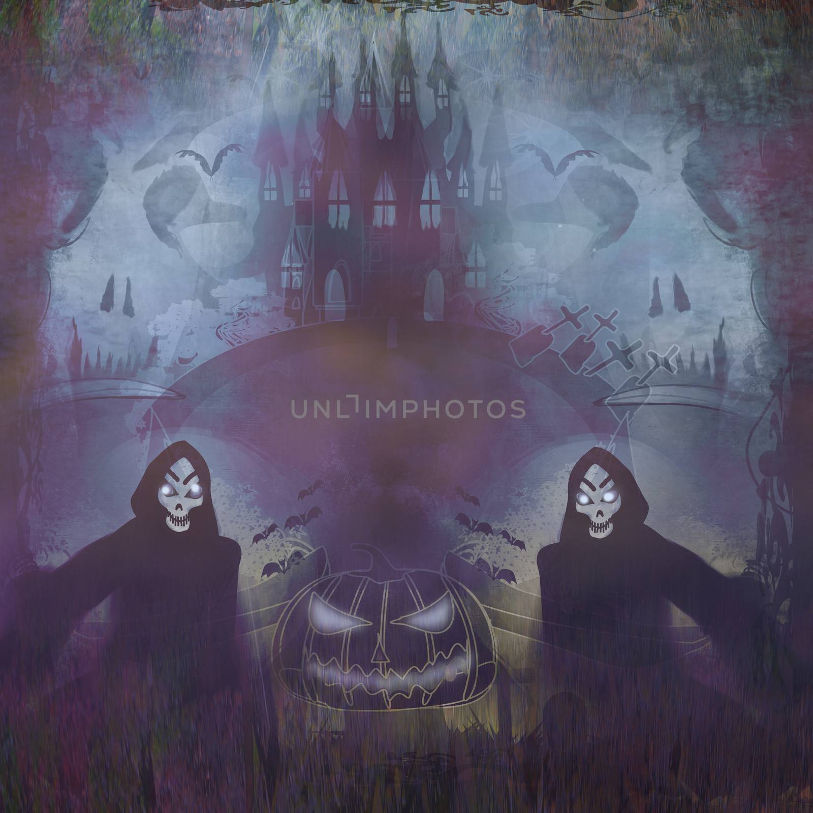 grungy Halloween background with haunted house by JackyBrown