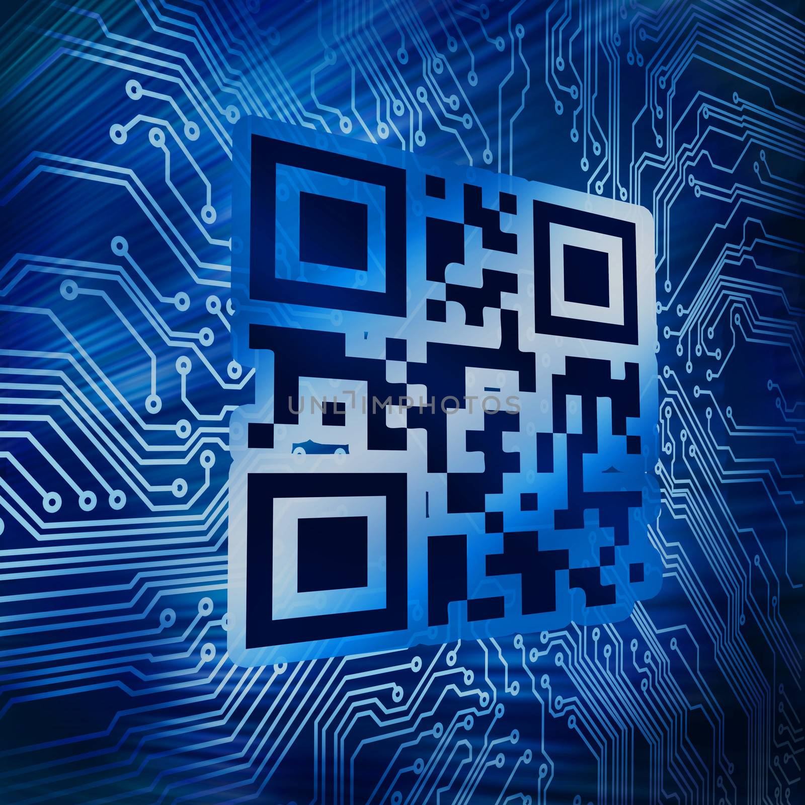 Qr code standing in front of circuit board blue background