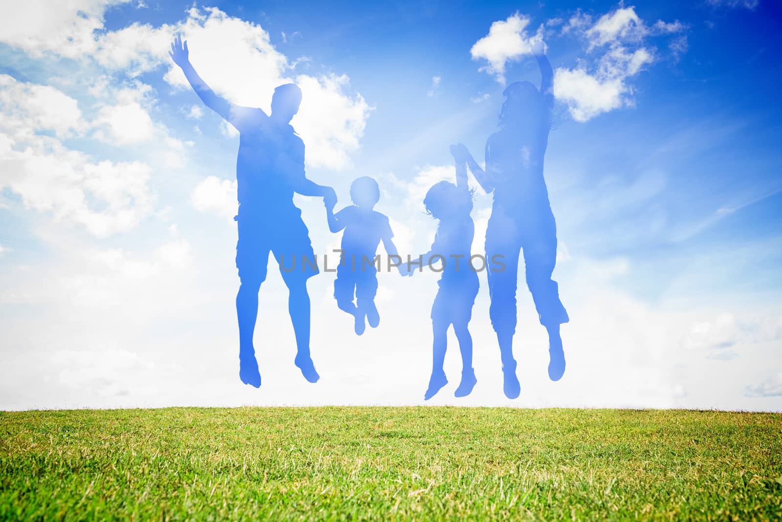 Silhouette of family jumping in the air against sky background