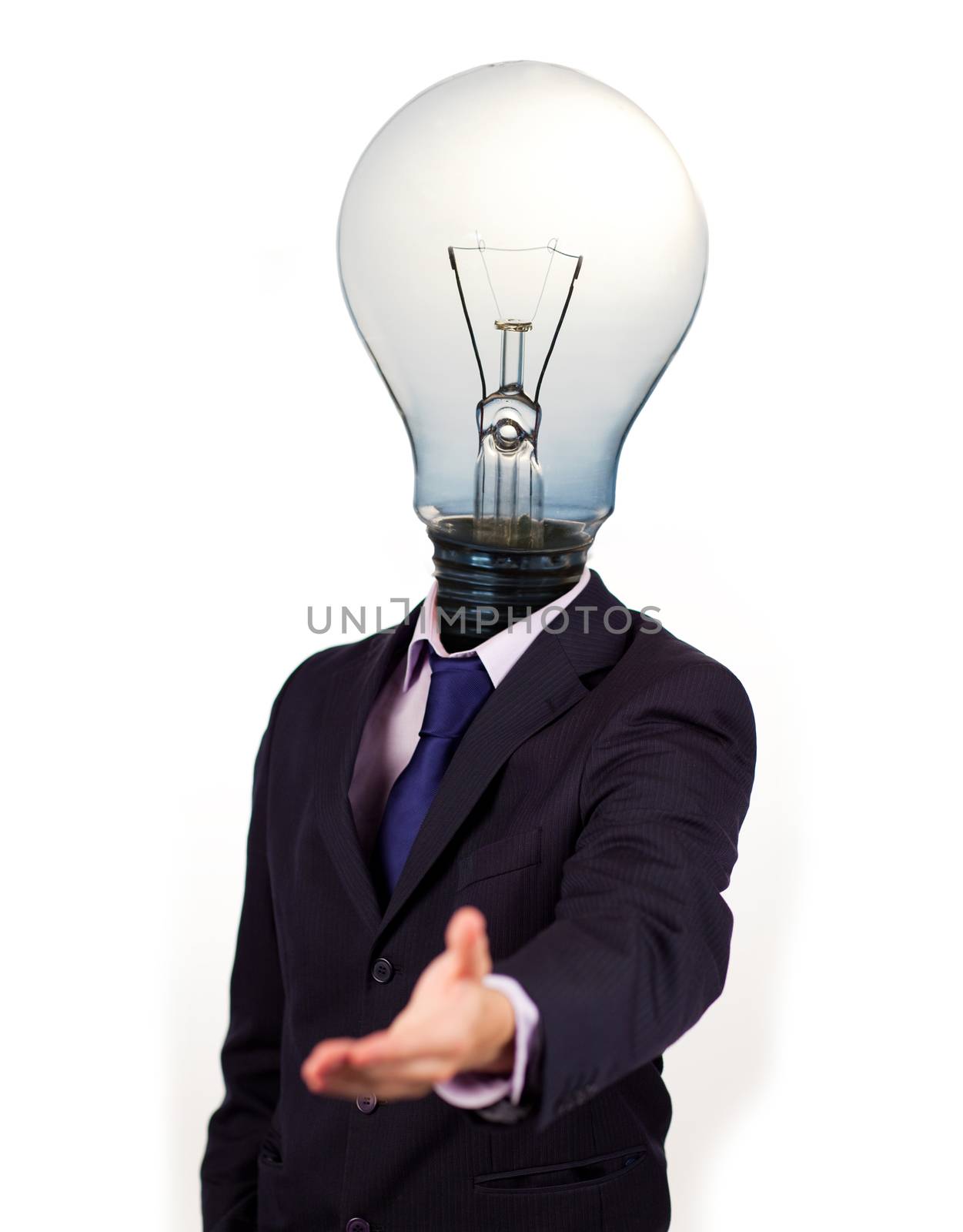 Businessman with a light bulb head holding his hand out