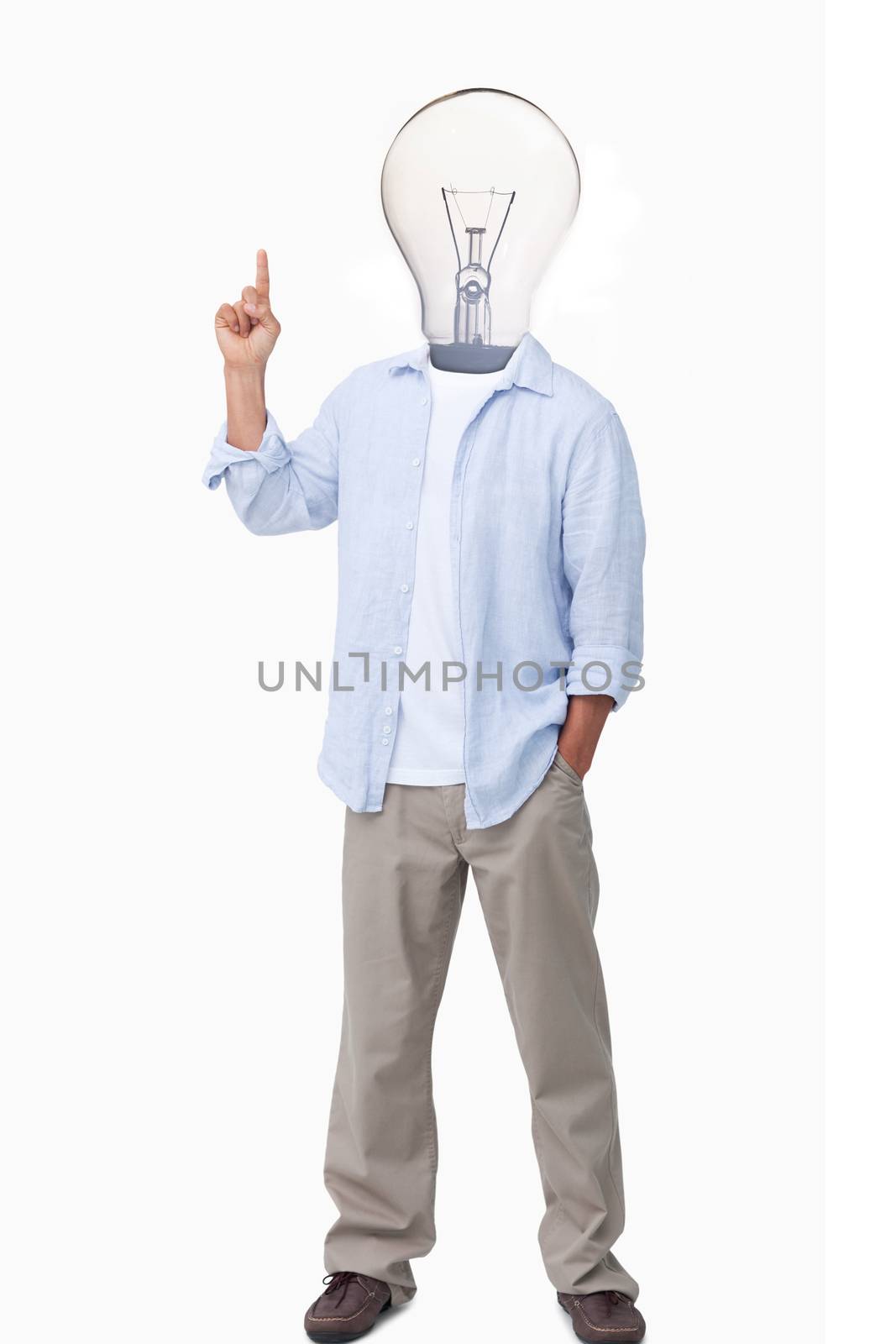 Man with light bulb head asking question on white background