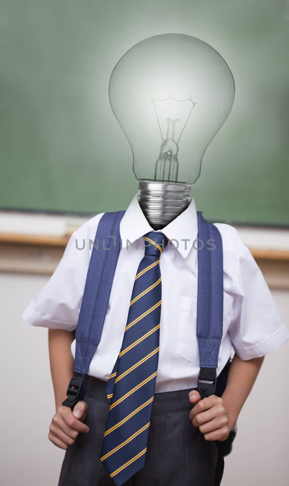 Pupil with light bulb instead of head in classroom