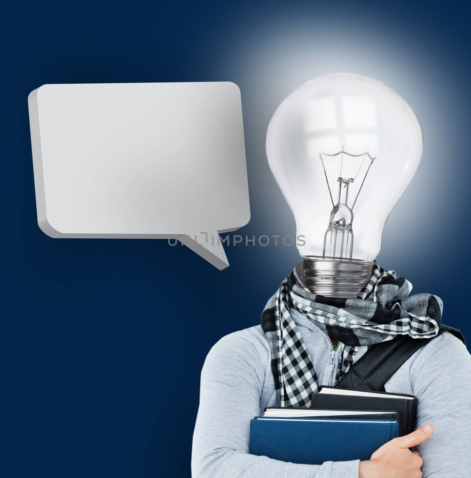 Student with a light bulb head and blank speech bubble on blue background