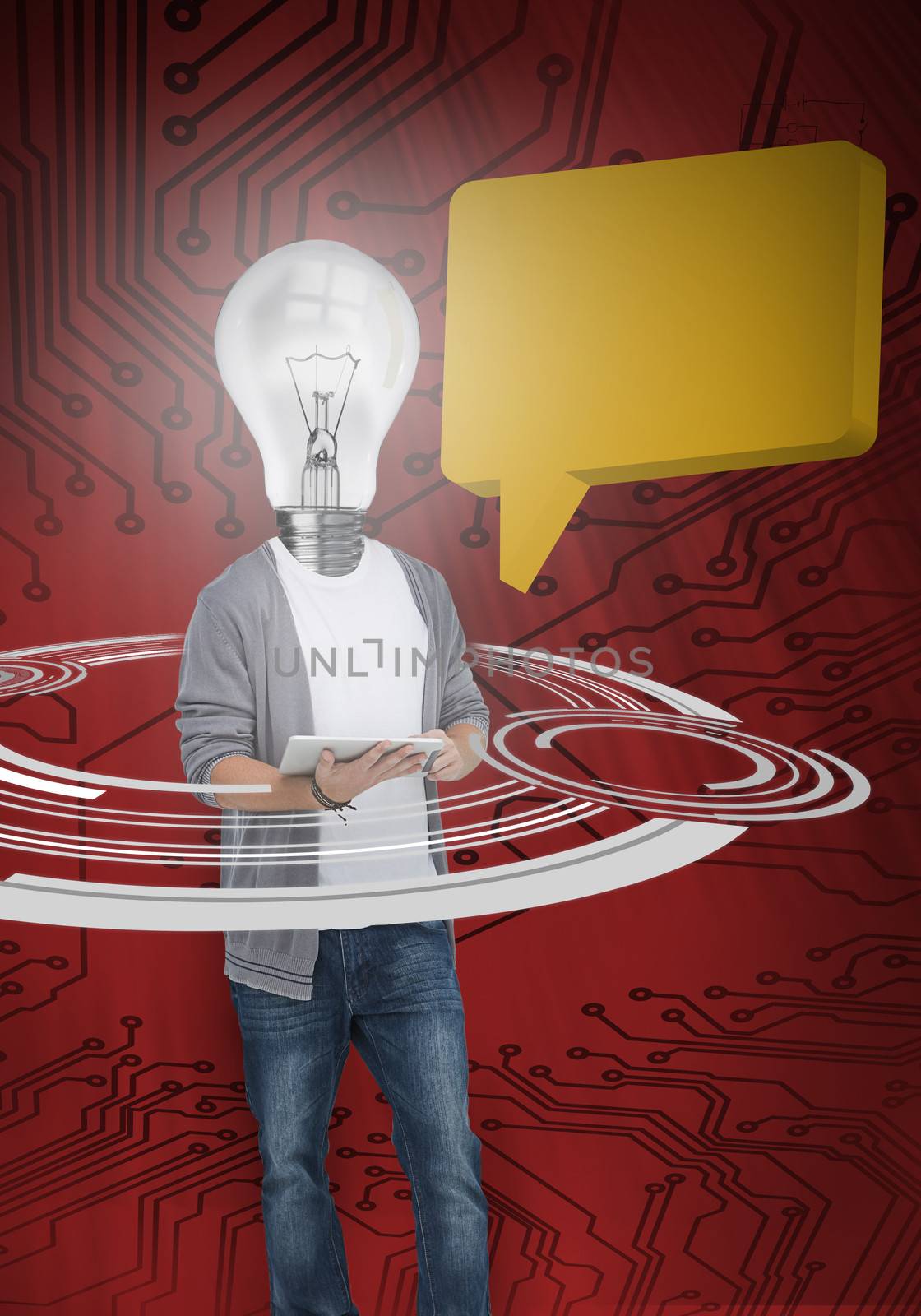 Boy with light bulb head and yellow speech bubble in front of red circuit board background 