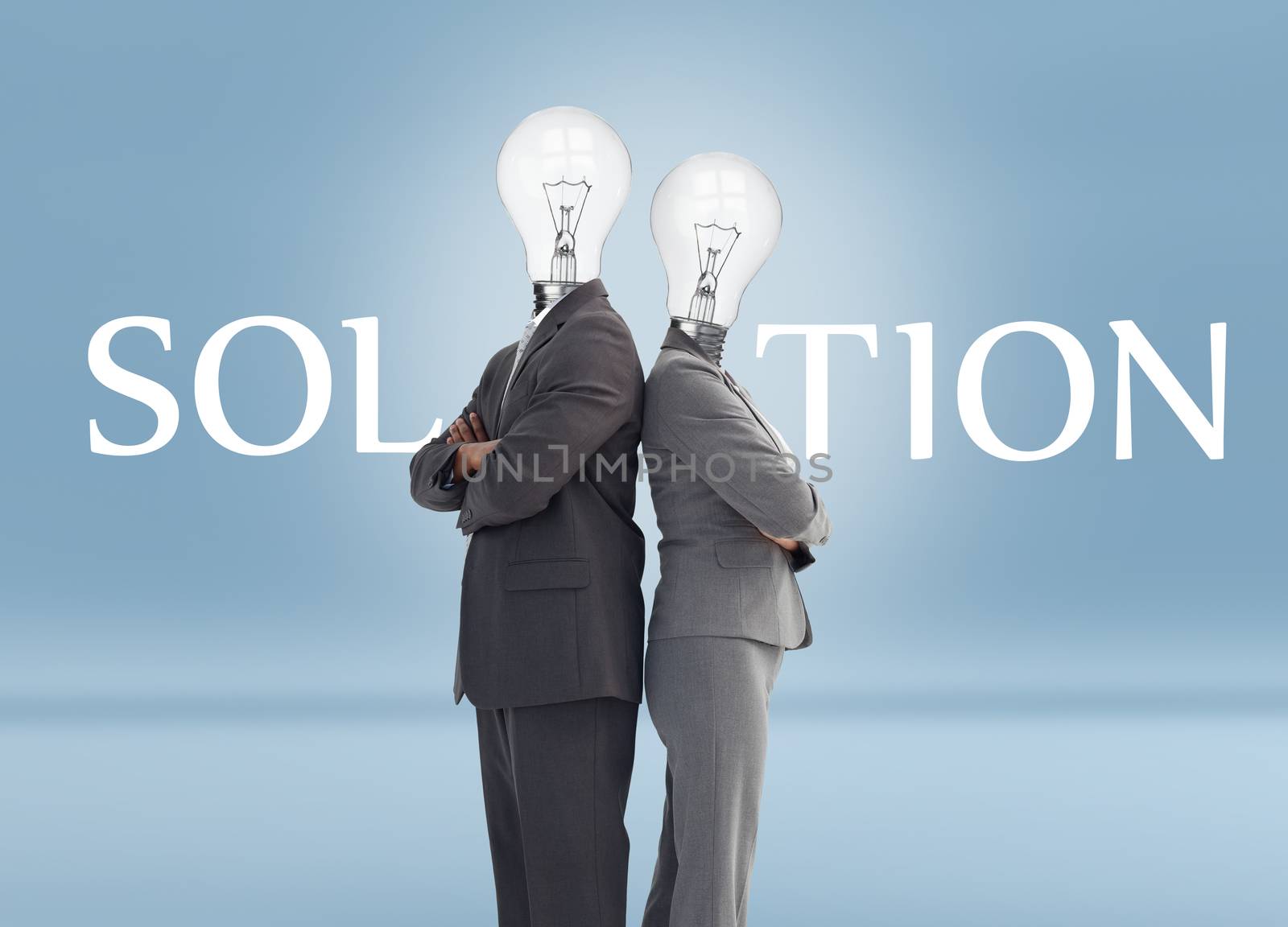 Business people with light bulbs for heads and solution text standing back to back on blue background