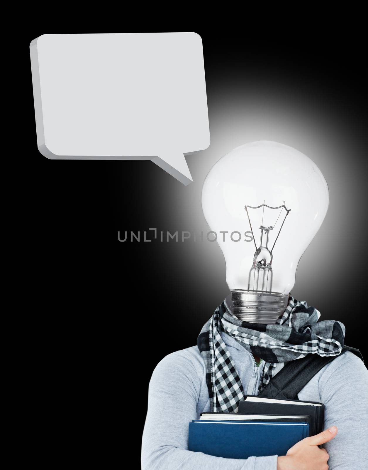 Student with a light bulb head and speech bubble on black background