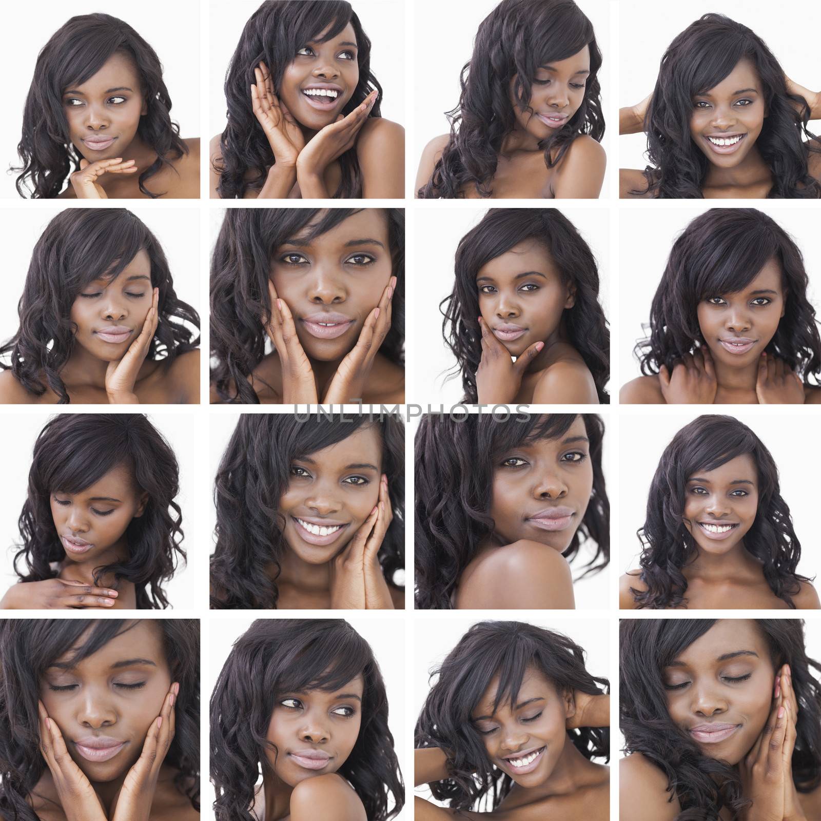 Collage of attractive woman on white background with curly hair