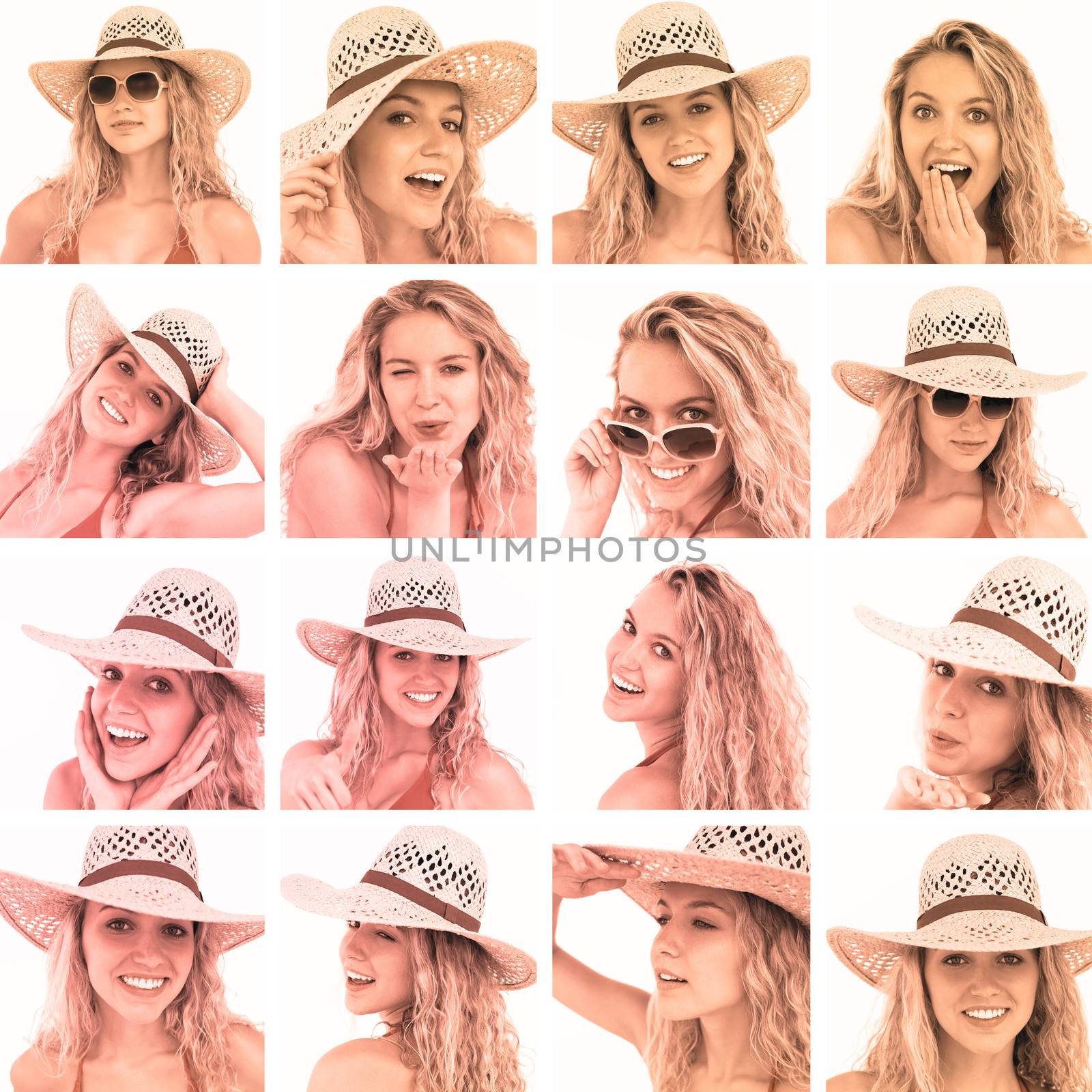 Collage of woman with straw hat and sunglasses in sepia