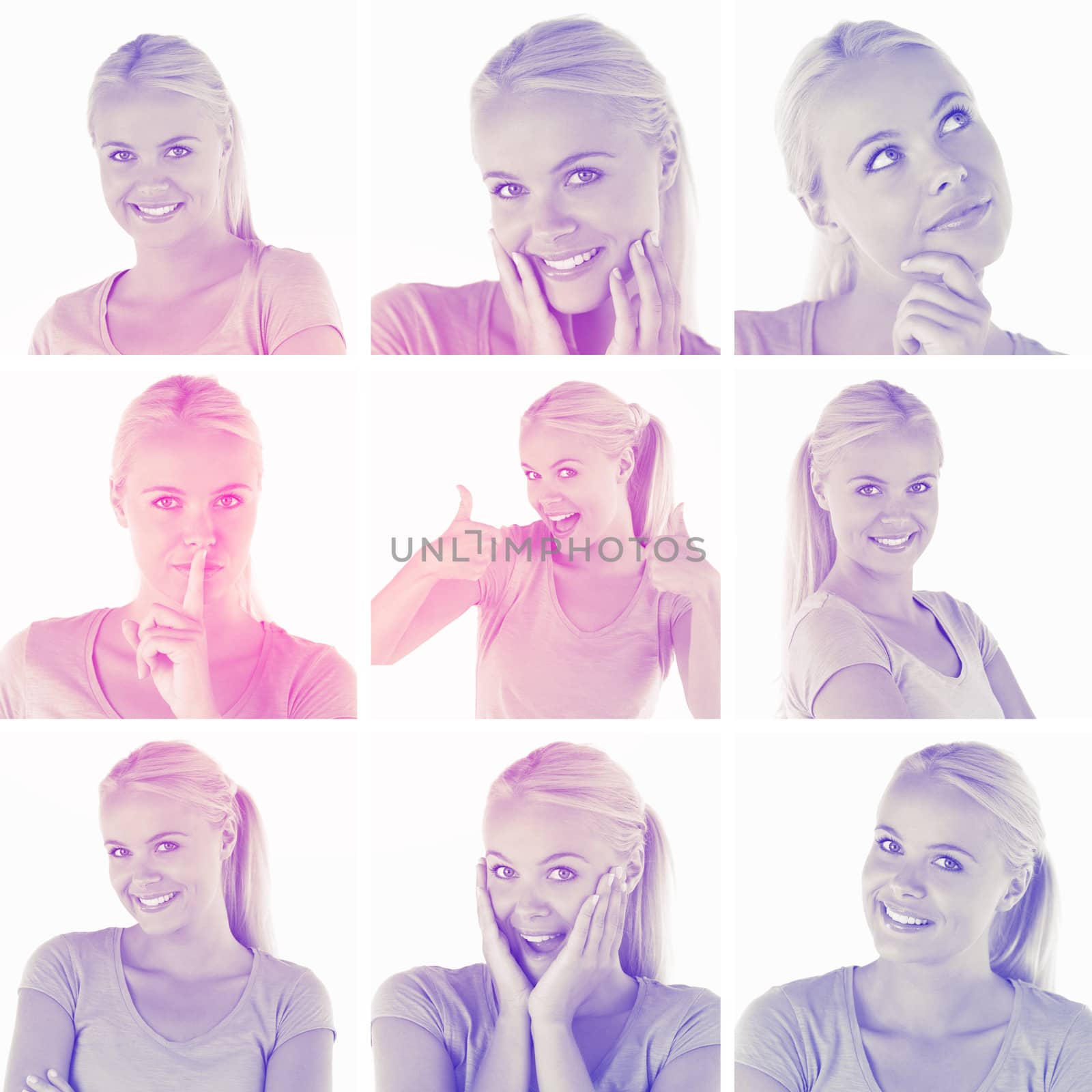 Collage with various pictures of blonde woman on white background with a pink and purple tint