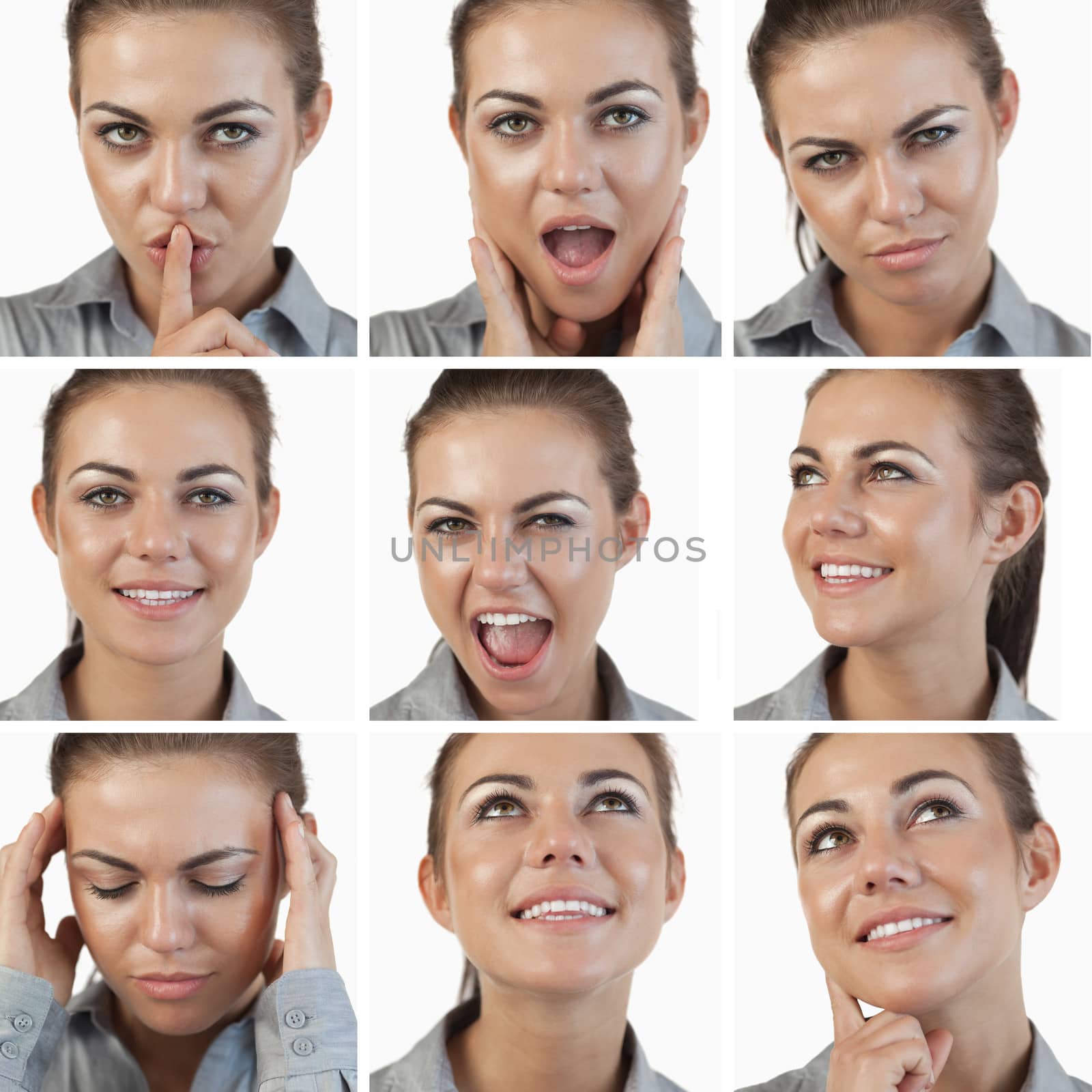 Collage of cute brunette woman on white background