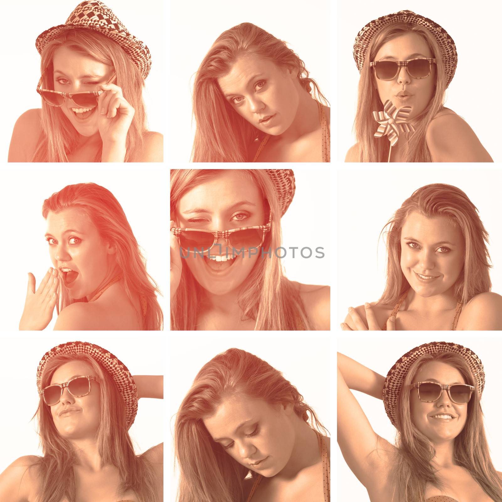 Collage of a woman gesturing  with hat and sunglasses in sepia 