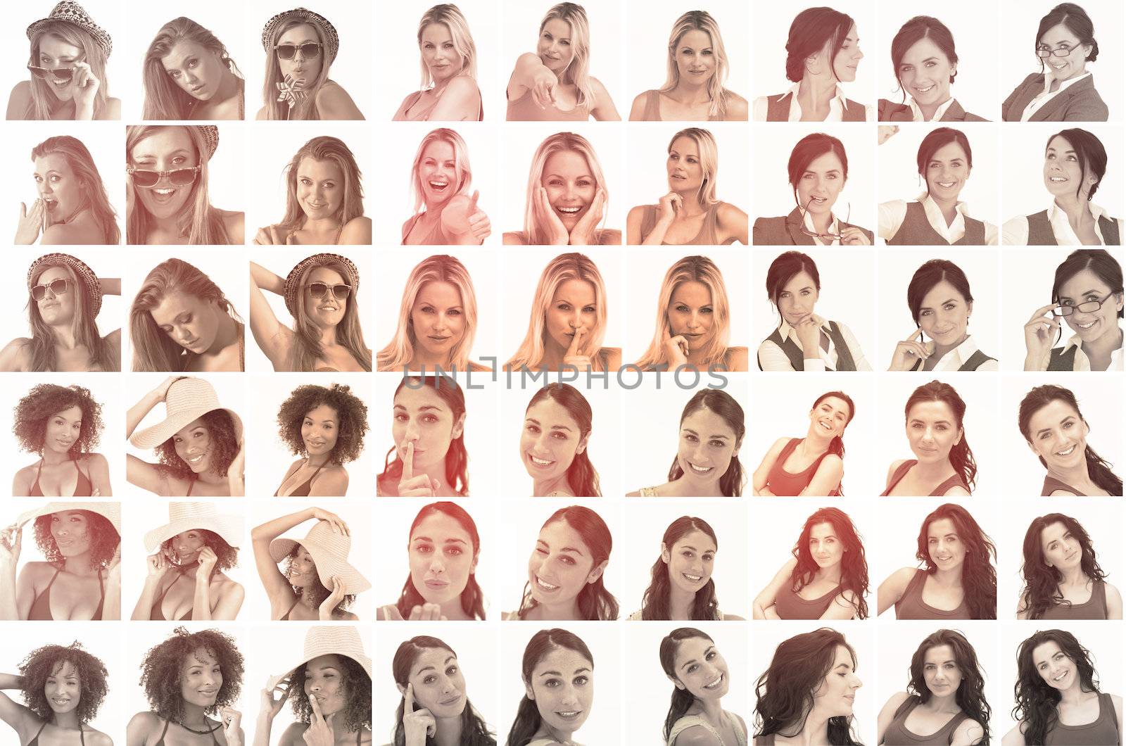 Collage of different pictures of  women in sepia on white background