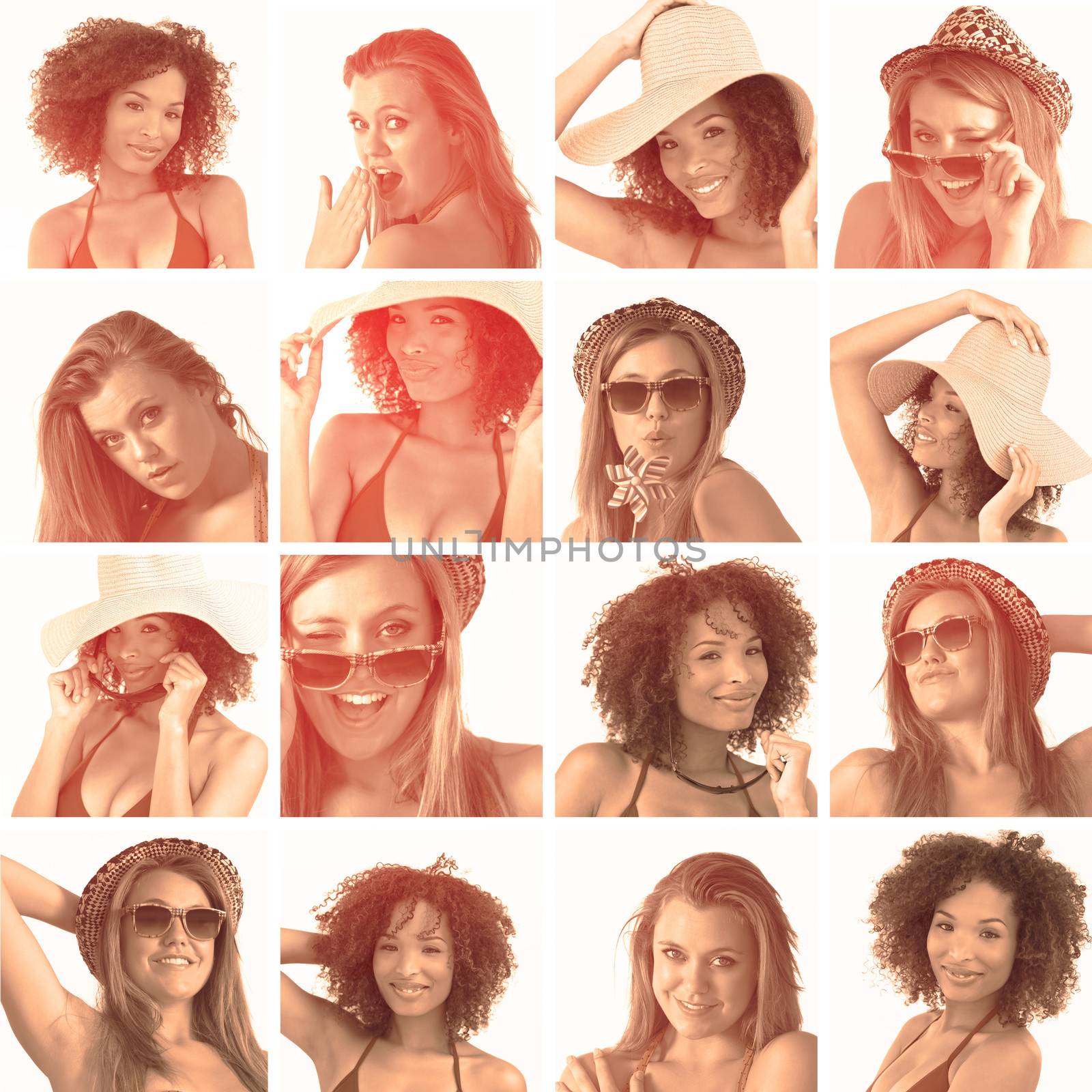 Collage of various pictures of woman in sepia glow