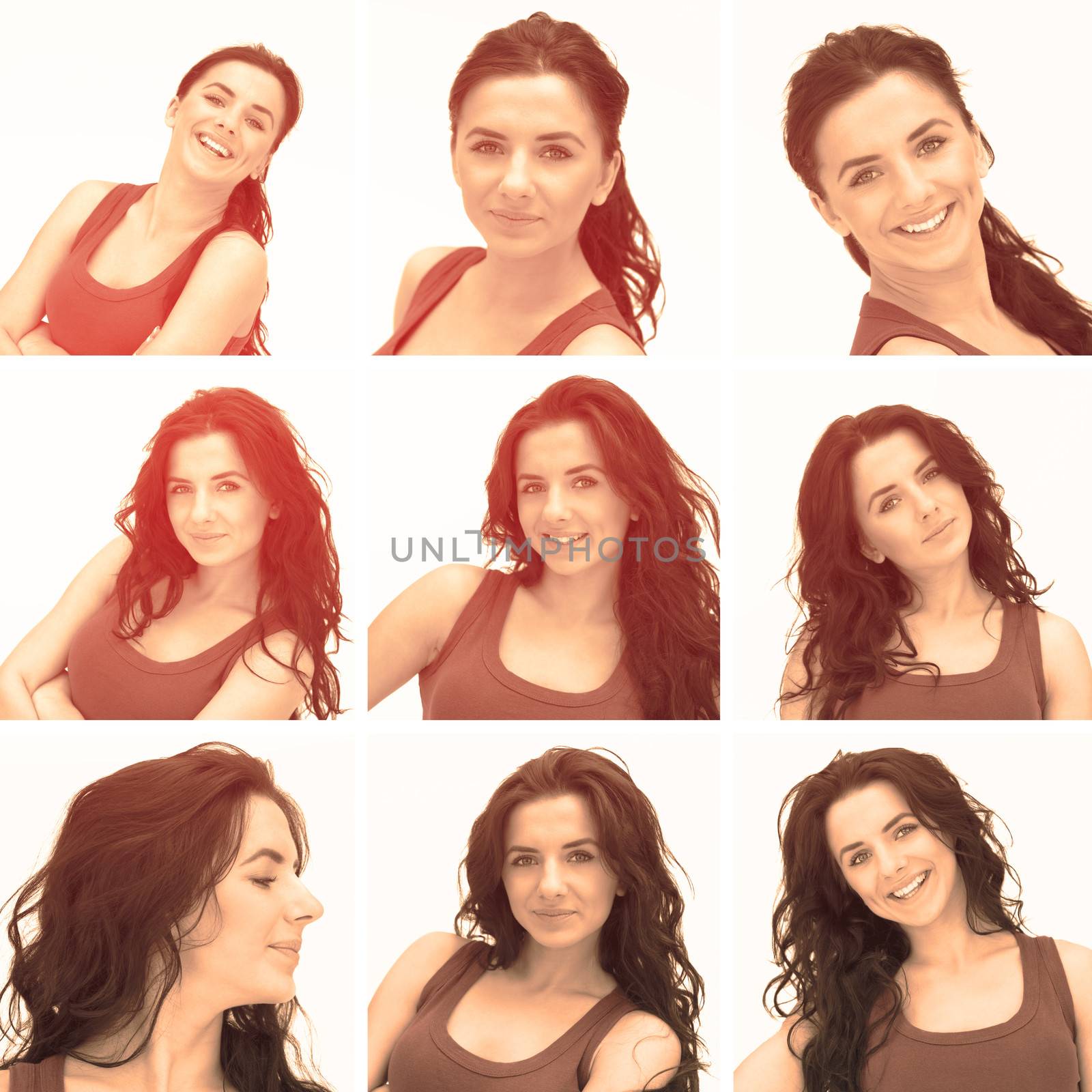 Collage of woman with curly hair in sepia and on white background