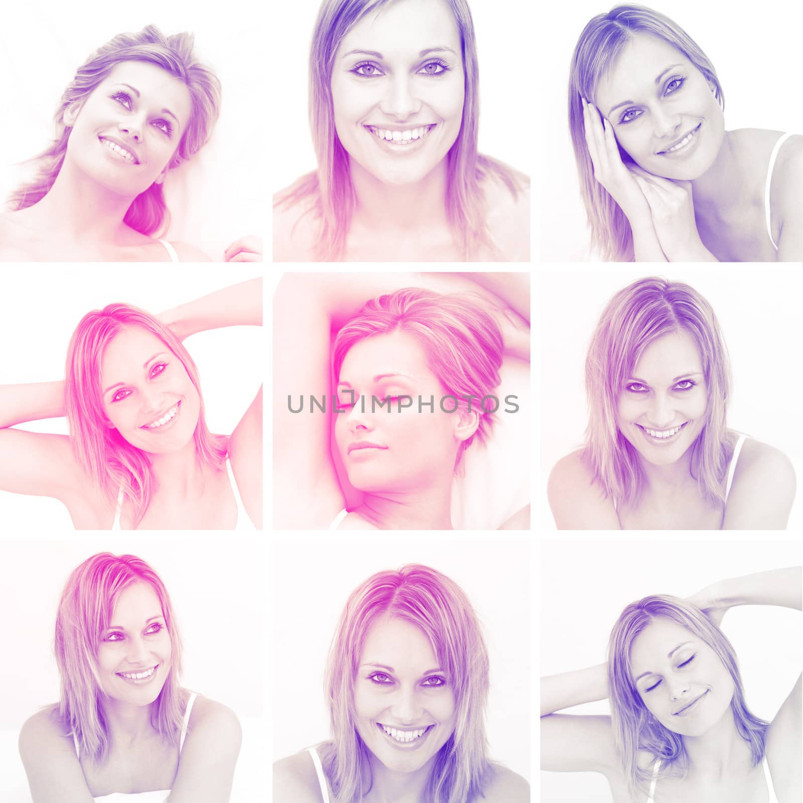 Collage of attractive blond woman gesturing against white background with a pink and purple glow